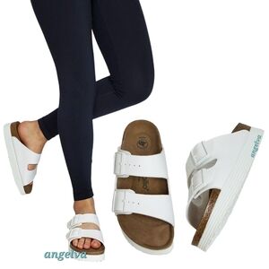 New Birkenstock papillio Arizona grooved vegan slide platform sandals white